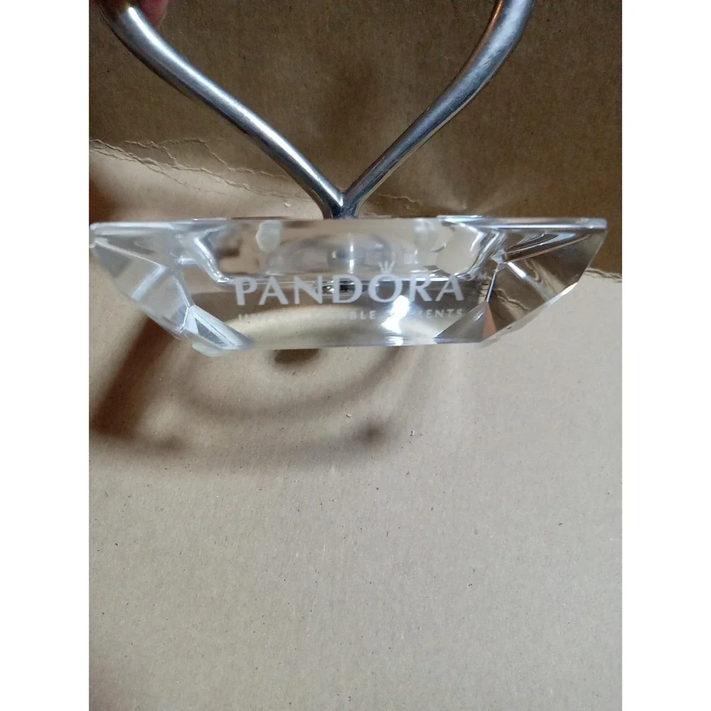 Pandora Etched Crystal & Silver Open Heart Charm‎ Ring Holder Jewelry Stand